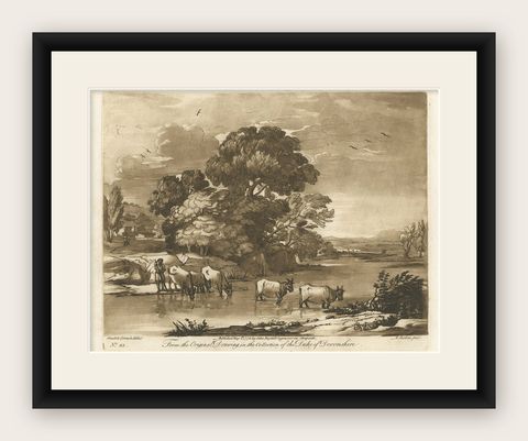 Rare Original Antique Engraving of a Landscape with Cattle in England, 1775, shown framed