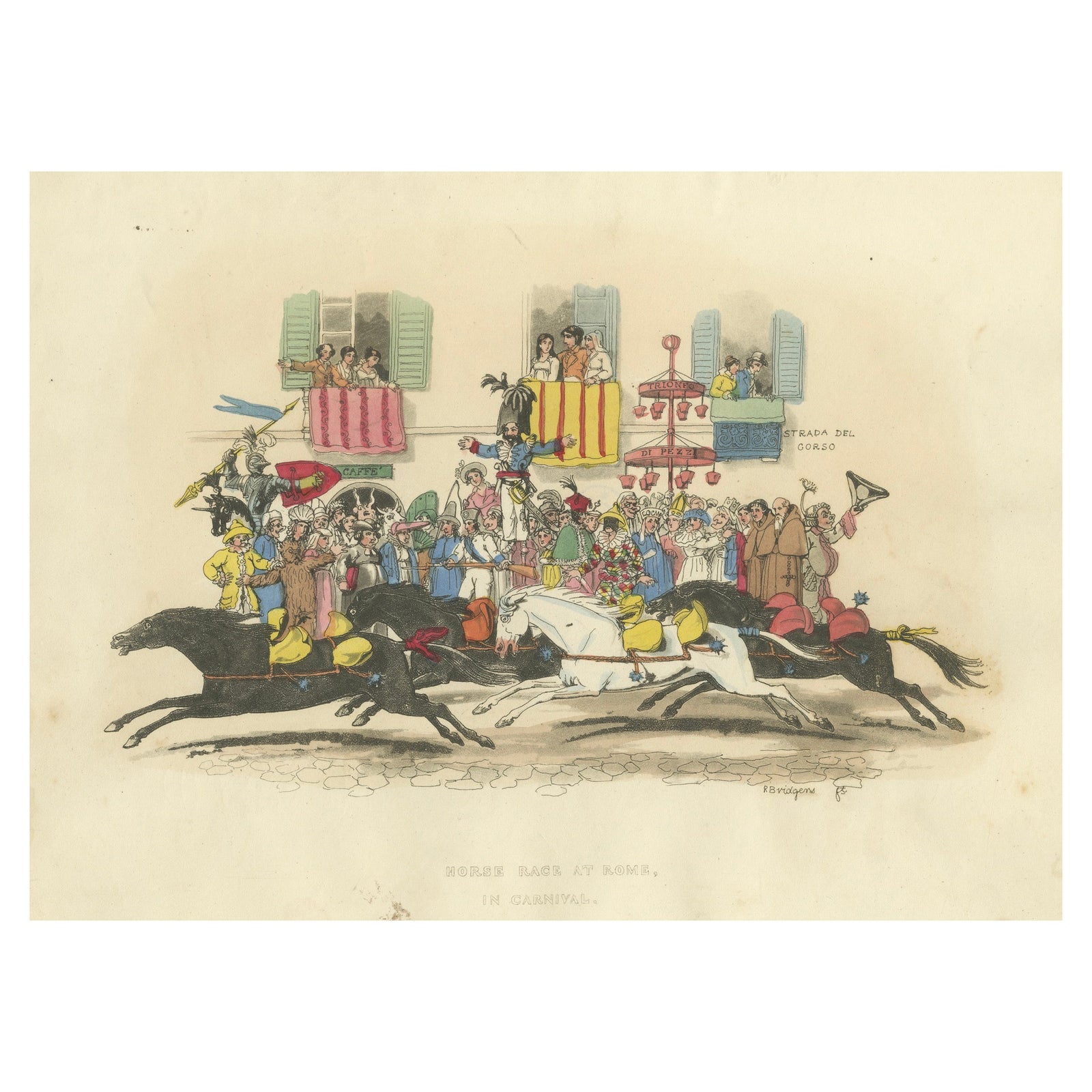 Roman Carnival Horse Race & Festive Corso - 1820 Etching