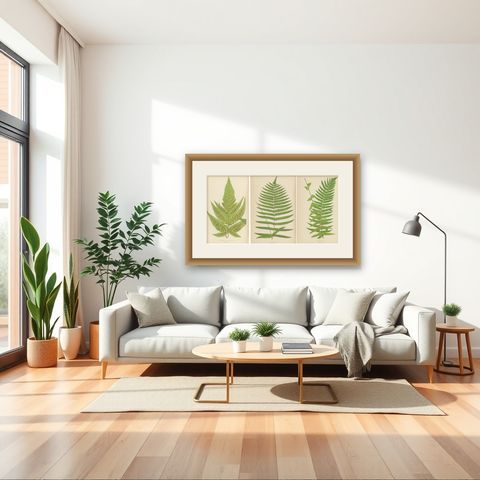 Antique Set of Three Botanical Fern Prints by E.J. Lowe (1868), Aspidium Series, shown framed in a room