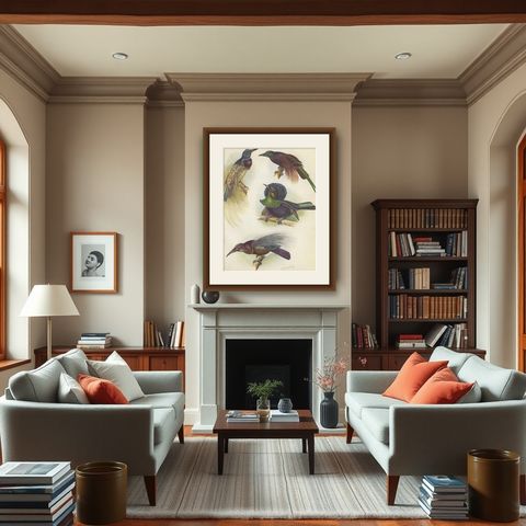 Antique Print of the Bensbach's Rifle Bird and Others, 1950, shown framed in a room