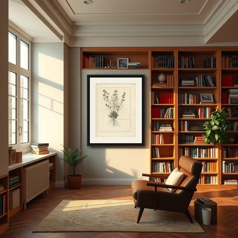 Antique Botany Print of a Limonium Flowering Plant, circa 1680, shown framed in a room