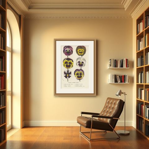 Large-Flowered Pansies Botanical Illustration by Louis van Houtte, 19th Century, shown framed in a room