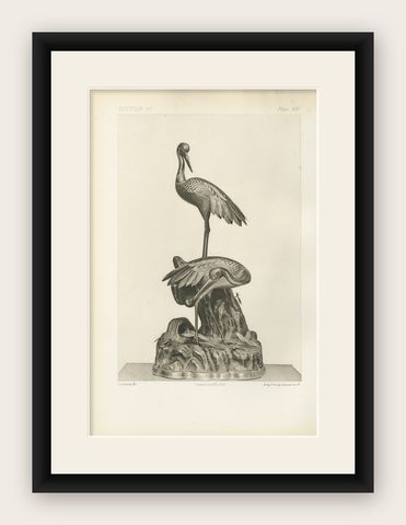 Elegant Cranes on Ornamental Base, Heliographic Japanese Art by Audsley, 1884, shown framed