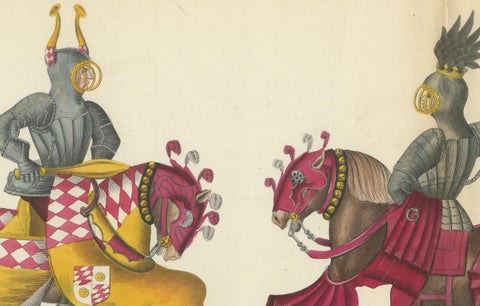 19th-Century Hand-Coloured Lithograph of Knightly Combat with Heraldic Horses, close-up 1