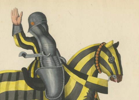 Hand-Coloured Jousting Litho: Knights on Striped and Starry Caparisoned Horses, close-up 2