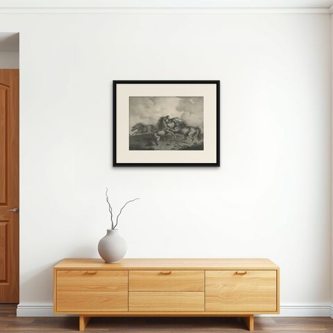 Original Antique Lithograph of a Horse Showing the Passion 'Rage & Agony', 1827, shown framed on a wall