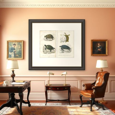 Set of 2 Original Antique Prints of Turtles, shown framed in a room