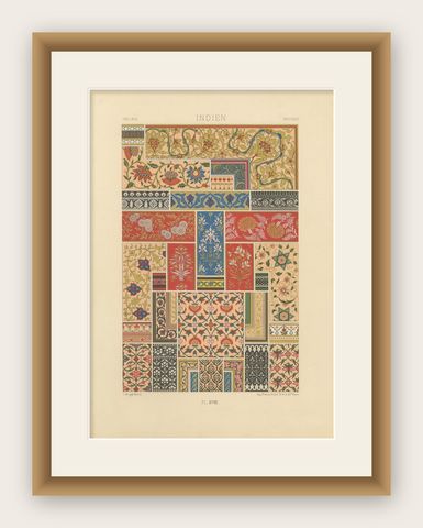 Indian Floral Motifs, Antique Print of Decorative Patterns from India, c.1869, shown framed