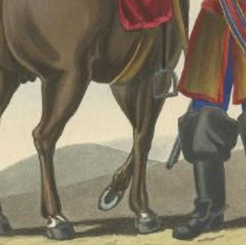 Antique Print of Cuirassier's Armour with Horse, 1842, close-up 1