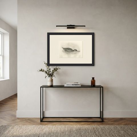 Duck Feeding, Antique Bird Print after Lilian Medland, circa 1909, shown framed in a room