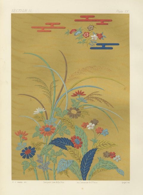 Japanese Floral Meadow on Golden Backdrop: Antique Lithograph, 1880s, close-up 6