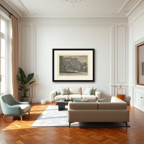 Antique Horse Print of a Passade training by Ridinger, 1722, shown framed in a room