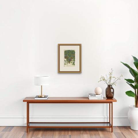 Antique Botany Print of the Parochetus Communis by Van Houtte, circa 1862, shown framed on a wall