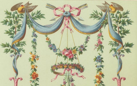 Rococo Floral Garland Design, 18th-Century French Ornament with Doves, 1869, close-up 4