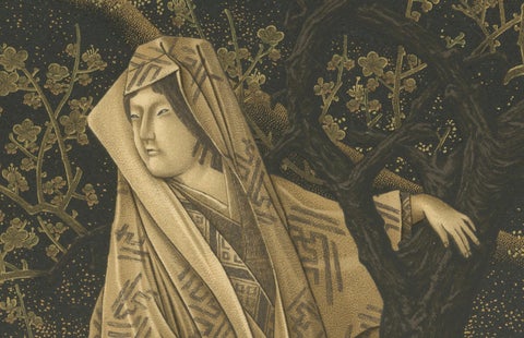 Japanese Woman in Plum Blossom Grove: Antique Lithograph, 1880s, close-up 2