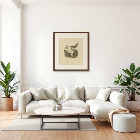 Two Allied Wrens Antique Bird Print Made after D.G. Elliot, 1869, shown framed in a room