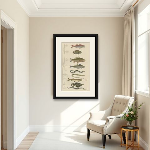 Antique Hand-Colored Print of Various Fishes, incl Merlin, Carper, Gourami, 1854, shown framed in a room