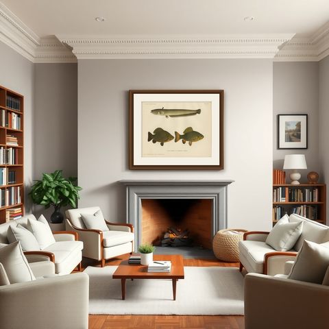 Wels Catfish and Crucian Carp - Iconic Scandinavian Freshwater Fish Lithograph, shown framed in a room