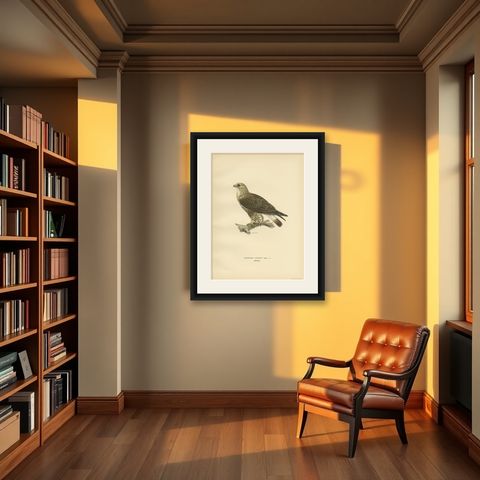 Antique Bird Print of the Rough-Legged Hawk, '1929', shown framed in a room