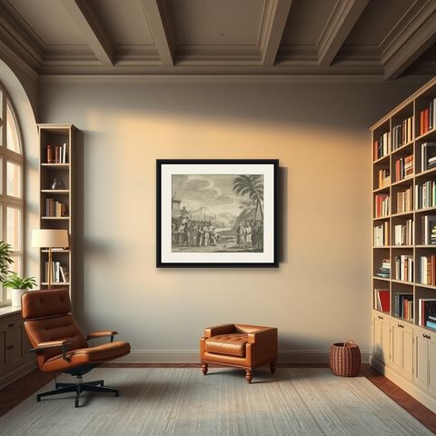 Antique Print of Figures and an Elephant on Ceylon, 1726, shown framed in a room