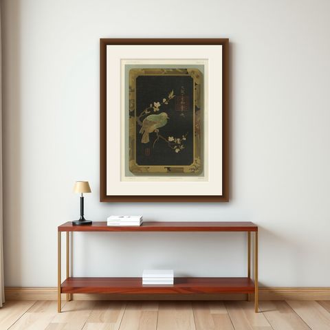 Japanese Bird and Blossom Lacquer Tray: Antique Lithograph, 1880s, shown framed on a wall