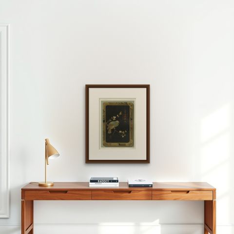 Japanese Bird and Blossom Lacquer Tray: Antique Lithograph, 1880s, shown framed on a wall
