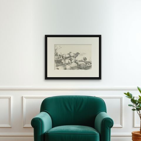No. 22 Antique Print of Sheep by Cooper, 1839, shown framed on a wall