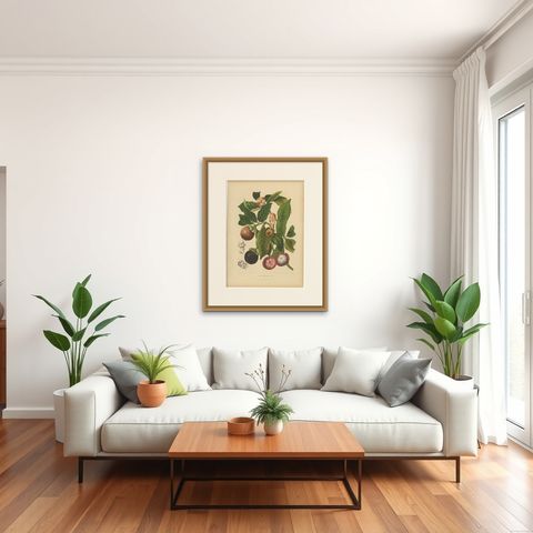 Original Antique Mangosteen Botanical Chromolithograph by Hoola van Nooten, 1880, shown framed in a room