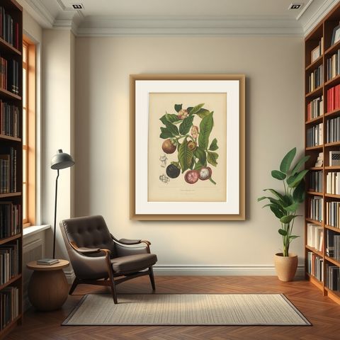 Original Antique Mangosteen Botanical Chromolithograph by Hoola van Nooten, 1880, shown framed in a room