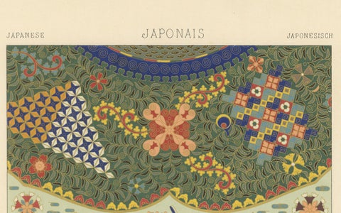 Japanese Ornament Print, Antique Lithograph of Geometric & Floral Patterns 1869, close-up 3