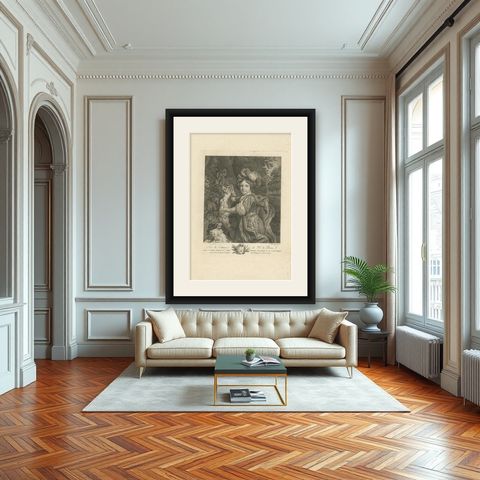 Antique Print of a Child, Deer and a Dog by Le Brun 1792, shown framed in a room