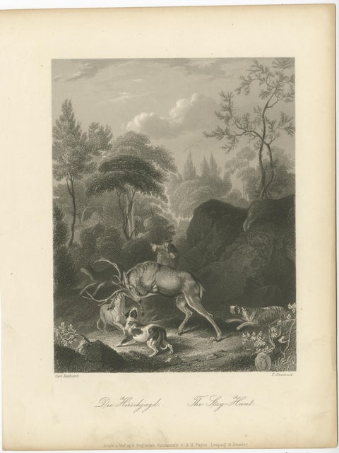 Original Antique Print of Deer Hunting, view 2