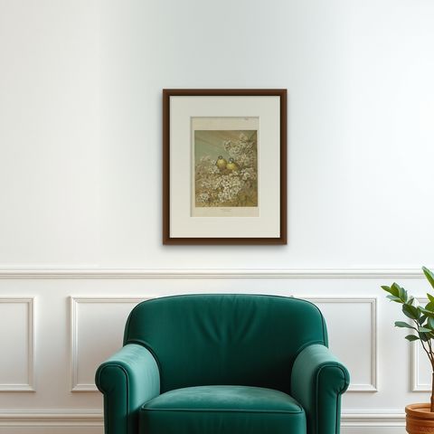 Antique Bird Print of Birds in Springtime, 1886, shown framed on a wall