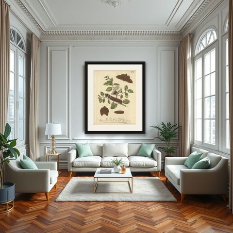 Moth Lifecycle and Host Plant, Engraved and Hand-Colored, 1713, shown framed in a room
