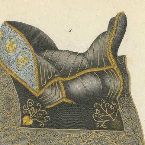 Hand-Coloured Lithograph of Ornate Medieval Horse Saddles and Stirrups, 1842, close-up 6