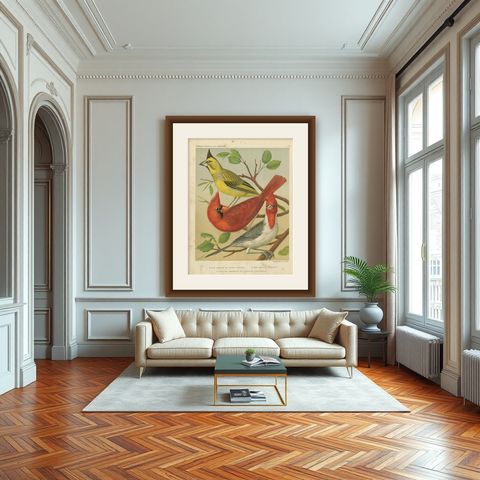 Antique Bird Print of Black-Crested, Red-Crested Cardinal, Cardinal Grosbeak, shown framed in a room