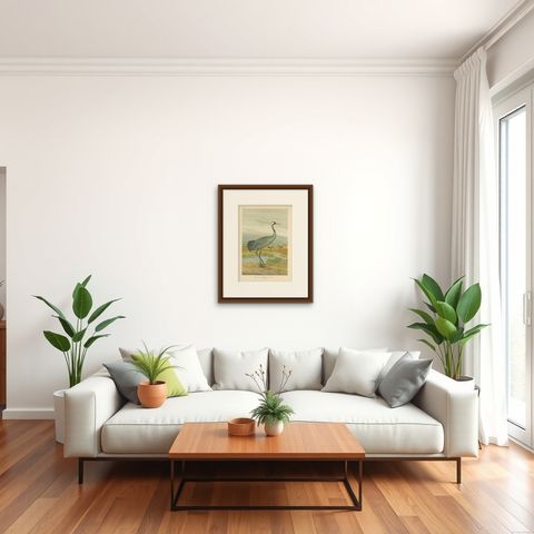 Antique Bird Print of the Common Crane by Naumann, circa 1895, shown framed in a room