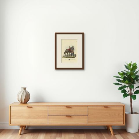 Antique Print of Cuirassier's Armour with Horse, 1842, shown framed on a wall
