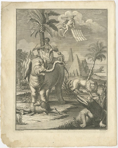 Antique Frontispiece with an Elephant, Lion, Monkey etc, 1749, view 2