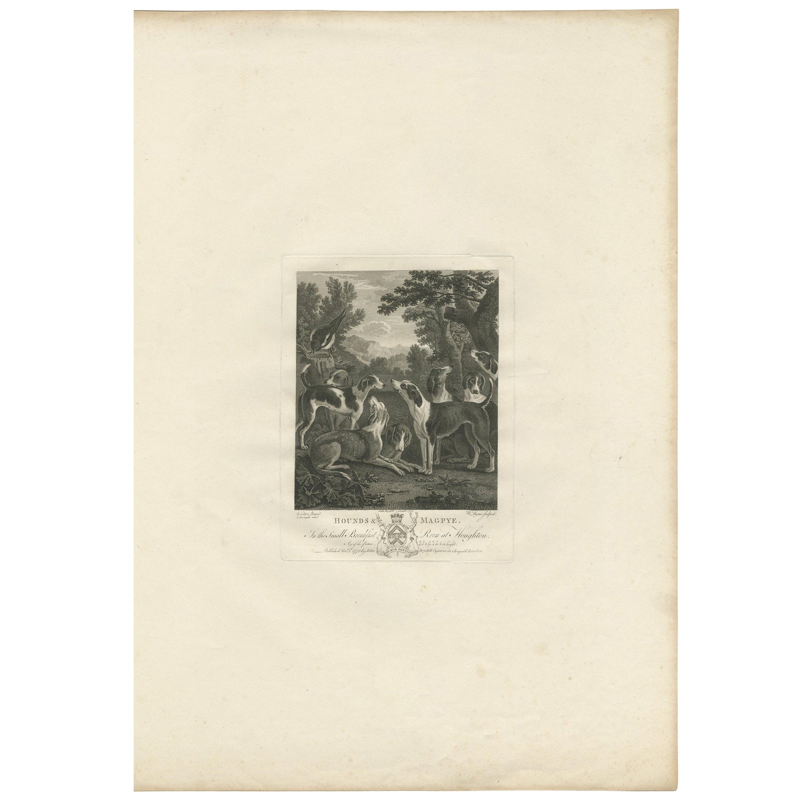 Hounds & Magpye Antique Engraving, English Sporting Art, 1775