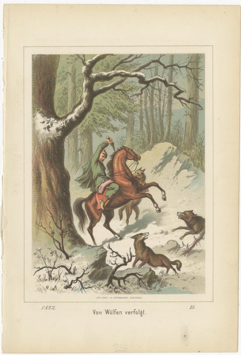 Antique Print of a Man on a Horse Chased by Wolves, view 2