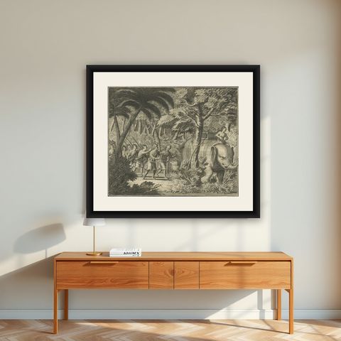 Antique Print of an Army in the Woods., Riding an Elephant in Ceylon, 1726, shown framed on a wall