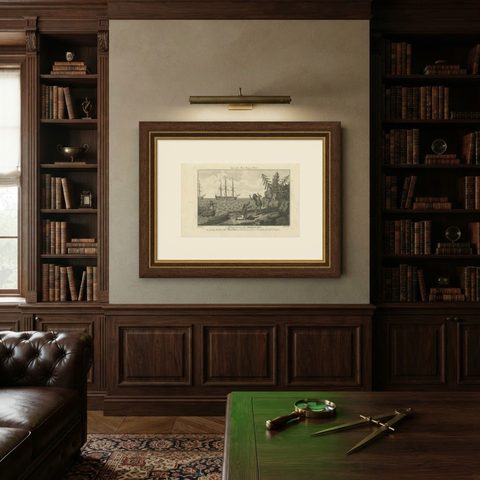 Moskito Men Reunion, Juan Fernandez Island, Dampier Voyage Engraving, ca.1789, shown framed on a wall
