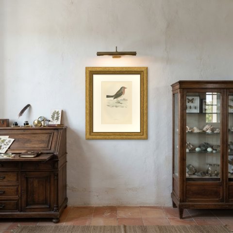 Robin Redbreast in Winter Snow by a Thatched Cottage, Morris, 1896, shown framed in a room