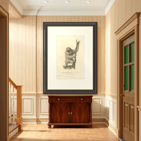 Antique Print with Hand Coloring of a Common Pale-Throated Sloth, shown framed in a room