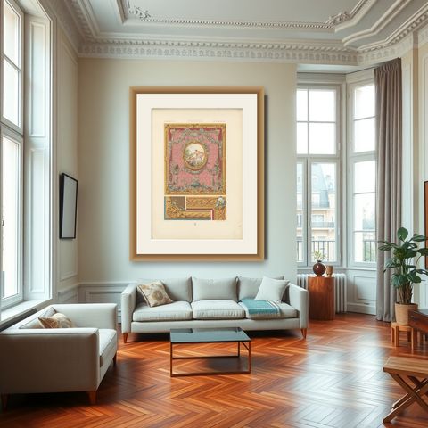 Louis XVI Floral Decorative Panel Chromolithograph by Racinet, Paris, c.1873, shown framed in a room