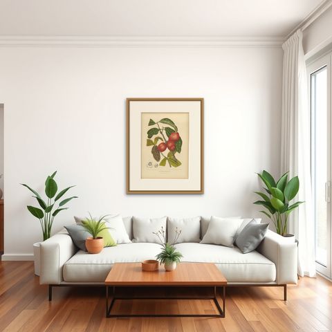 Antique Wax Apple Fruit Botanical Chromolithograph by Hoola van Nooten, c. 1880, shown framed in a room