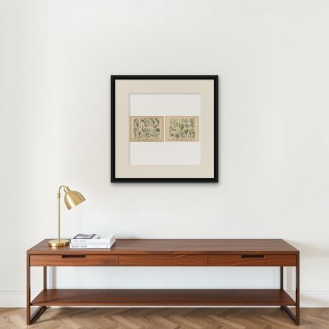 Antique German Botanical Atlas Plates, Tafel 17–18, Lilies & Irises, 1885, shown framed on a wall