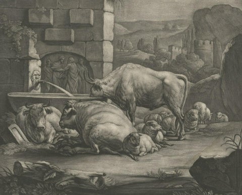 Large Antique Engraving of a Pastoral Scene with Cows and Sheep, c.1770, close-up 1