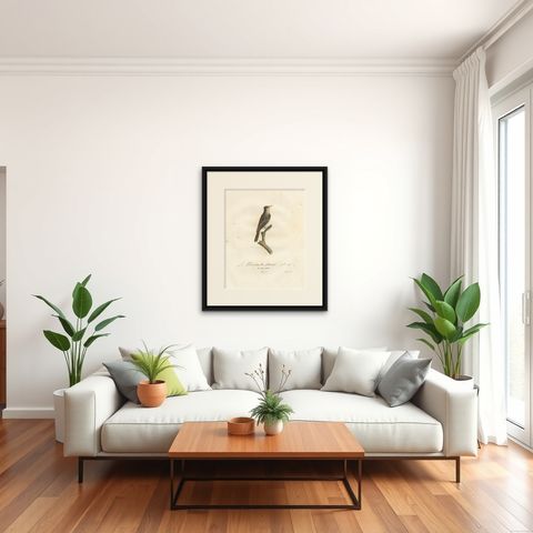 Large Antique Bird Print of an Eastern Wood Pewee, shown framed in a room